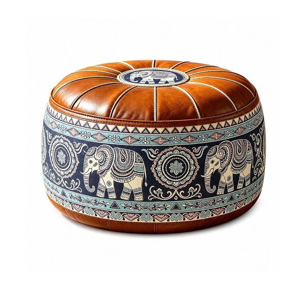 Embroidered Pattern Storage Ottoman Round Shape Floor Seat Cushion Fillable Ottoman Pouf Home Use