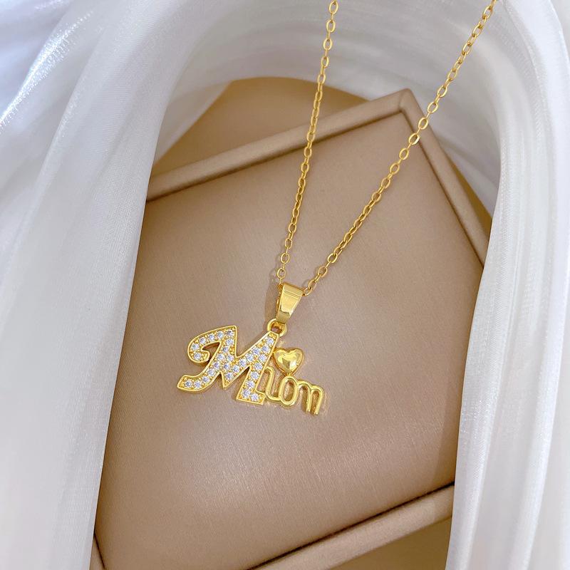 Love Full Diamond Mama Fashion Light Luxury Temperament Gorgeous Full Diamond Necklace Female Versatile Collarbone Chain Titanium Steel