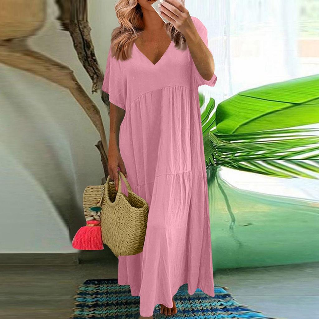 Женское летнее модное однотонное платье с v-образным вырезом большого размера, свободное длинное большое свободное платье с короткими рукавами