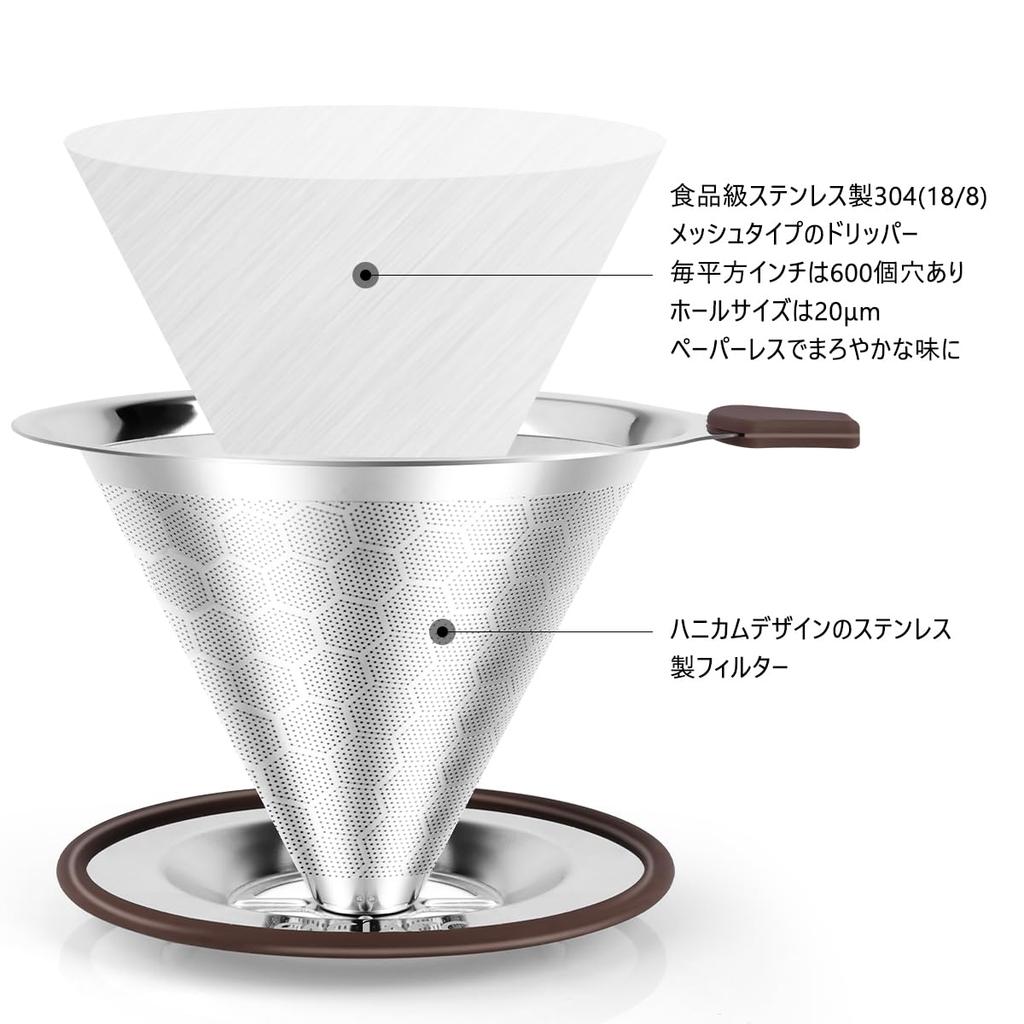 FACIACC Coffee Dripper, Stainless Steel Filter, Slow Coffee, Drip, Double-Layer Mesh, One-Piece Design, Includes Cleaning Brush and Spoon, Paperless,
