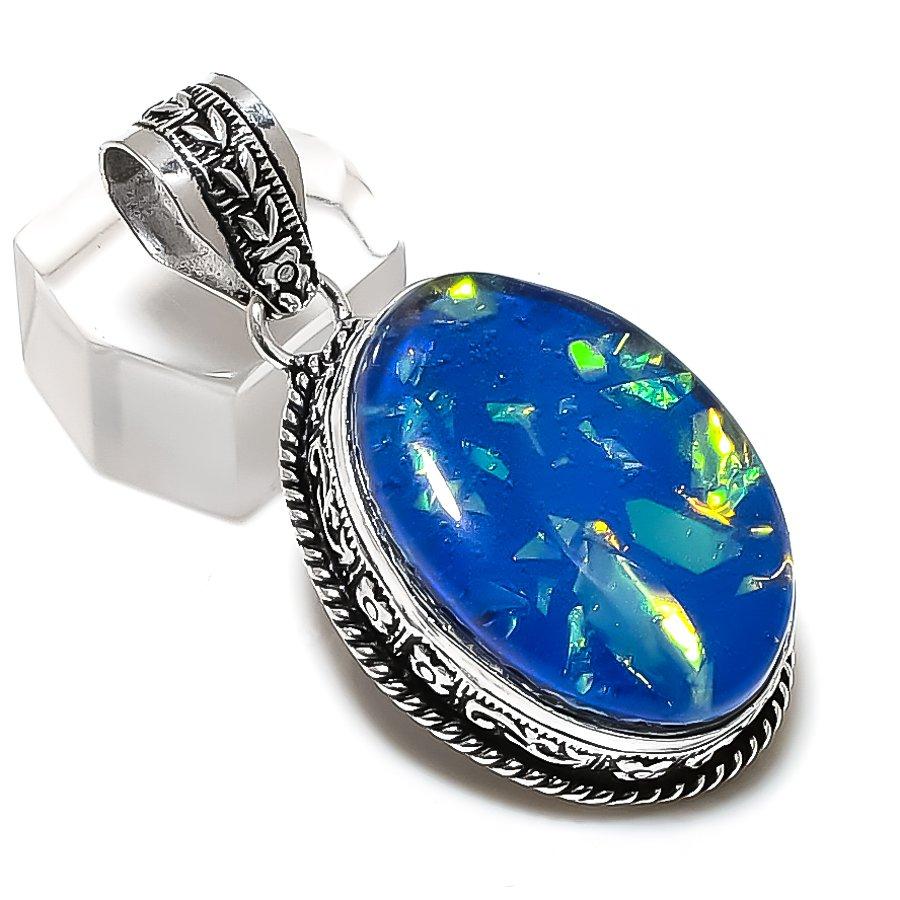 Подвеска из серебра 925 пробы с синим опалом и драгоценным камнем ручной работы 1,97 дюйма q6A64