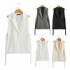 Women Vest Coat Turn-down Collar Sleeveless Loose Solid Color Single Button Cardigan Strap Decor Mid Length Commute Formal Suit