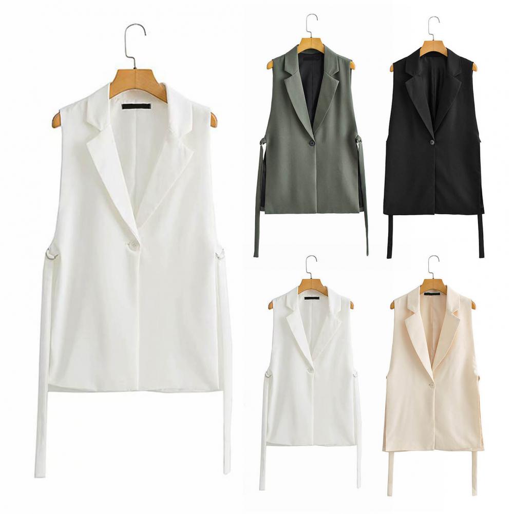 Women Vest Coat Turn-down Collar Sleeveless Loose Solid Color Single Button Cardigan Strap Decor Mid Length Commute Formal Suit