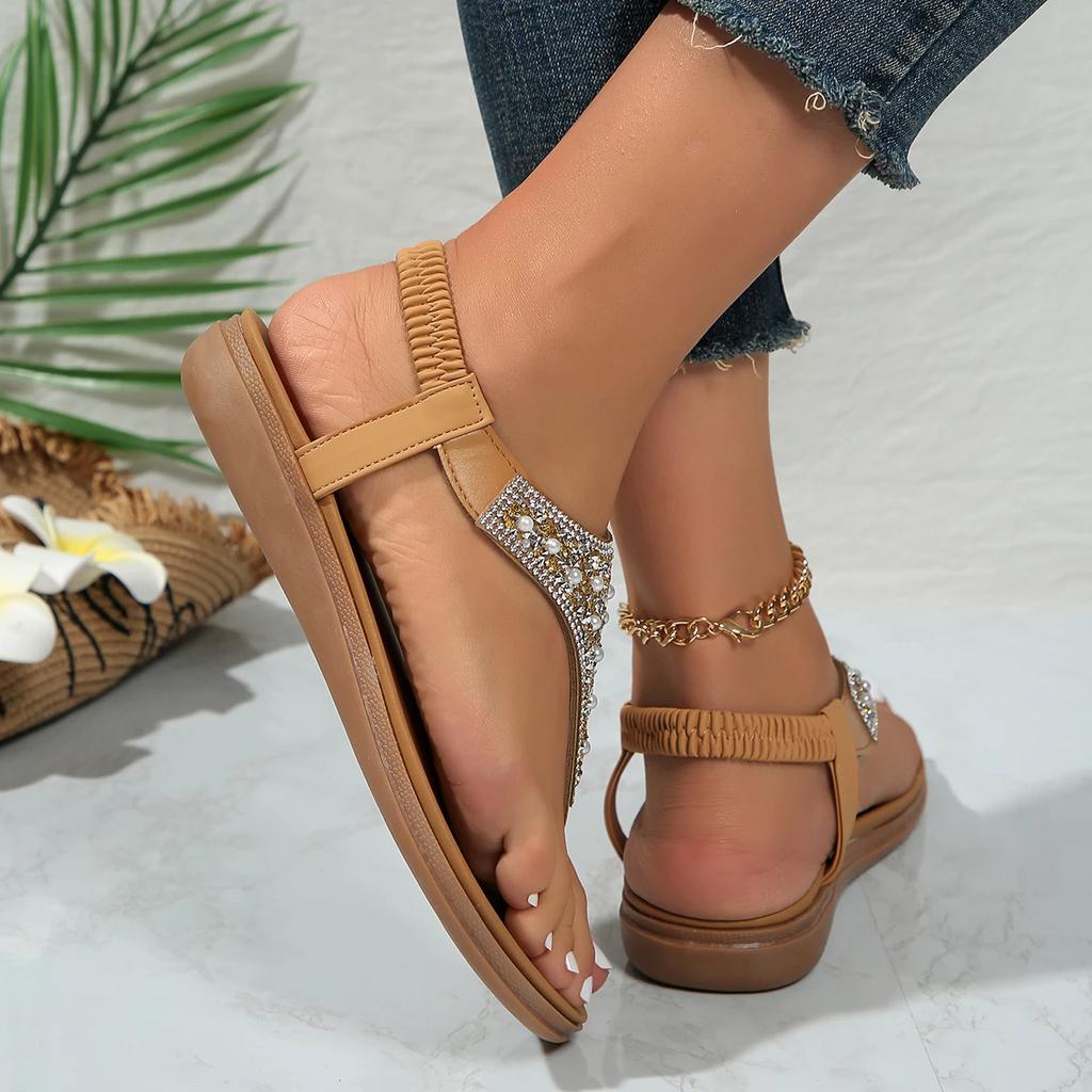 Women Sandals 2024 New Summer Clip Toe Bohemian Style Fashion Mix Color Pearl Rome Sandals Women Flats with Non-Slip Beach Shoes