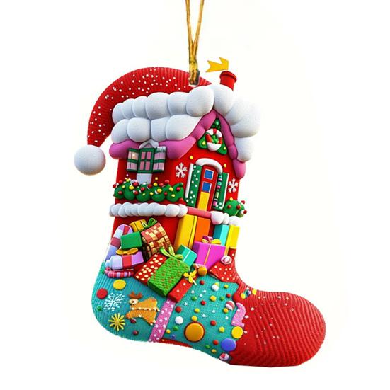 Yousheng Christmas Socks Santa Claus Red Hanging Ornament Acrylic Decorative Keychain Pendant Xmas Stockings Wall Decoration