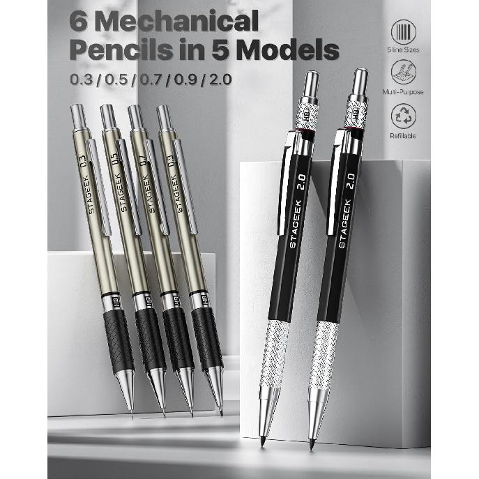 Mechanical Pencil Set with Case 37 Count, Drawing Pencils 0.3, 0.5, 0.7, 0.9MM & 2PCS 2MM Sketching Pencils with 492PCS Lead Refills (6B 4B 2B HB 2H