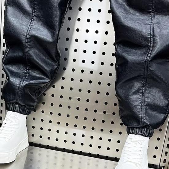 Men Pants Faux Leather Elastic Waist Windproof Waterproof Ankle-banded Patchwork Solid Color Loose Thick