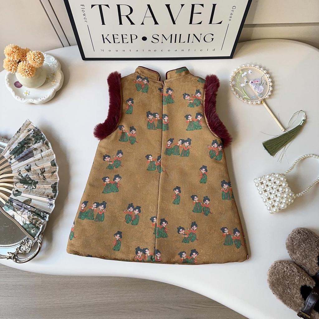 Девичье зимнее платье без рукавов ципао - Детский ханьфу в стиле Тан, жилет AWA898