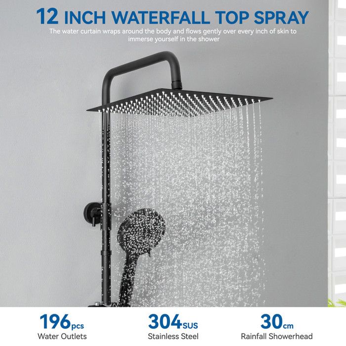 Colonne de douche - DERW MAX - Mitigeur thermostatique - Pommeau 12 pouces - 5 Fonctions - Noir