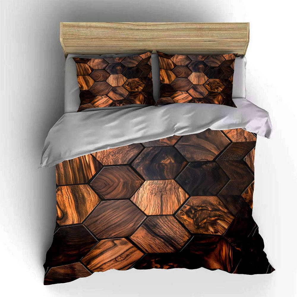 3Pcs Wood Hexagon Bedding Set,Brown Wooden Geometric Pattern Print Duvet Cover + 2 Pillowcases,Rustic Natural Style for Bedroom