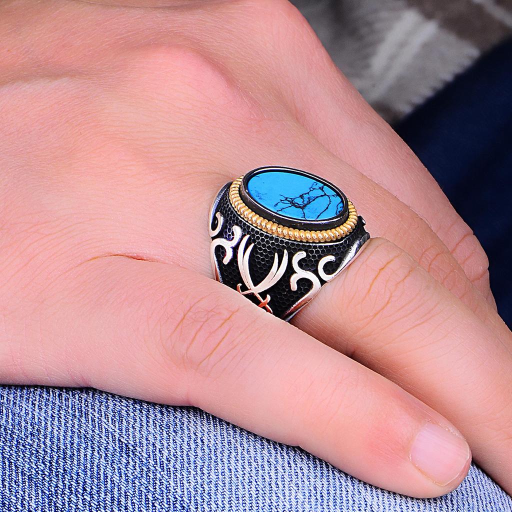 Серебряное мужское кольцо с бирюзовым камнем 925 карата, мужское кольцо в оттоманке ручной работы, овальное кольцо с натуральным бирюзовым драгоценным камнем, идея подарка для мужчин