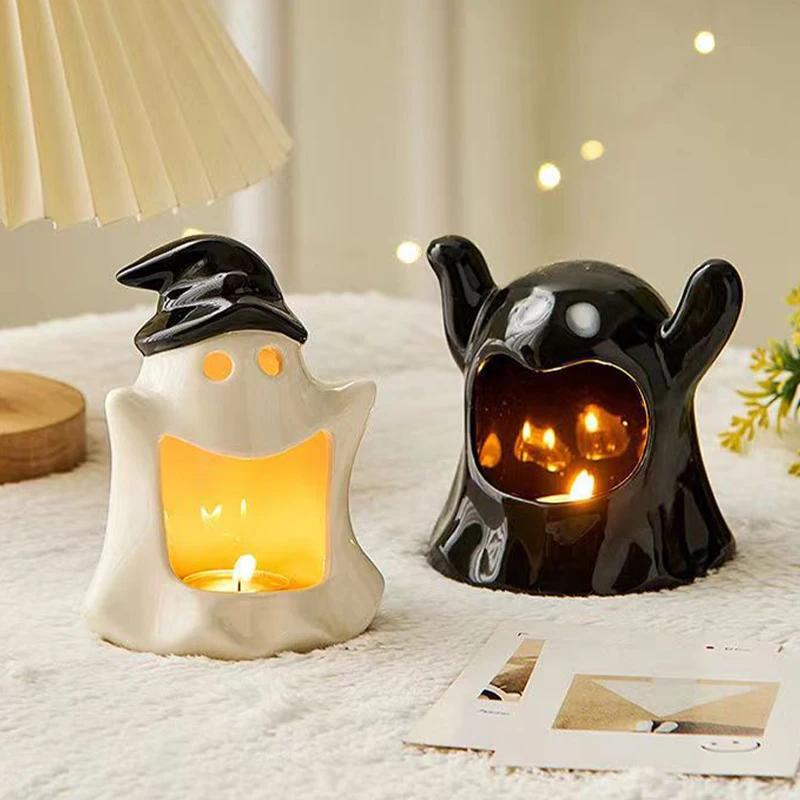 Ceramic Halloween Ghost Candle Holder Cute Rabbit Figurine Scented Candle Holder Home Table Candlestick Decorative Ornaments