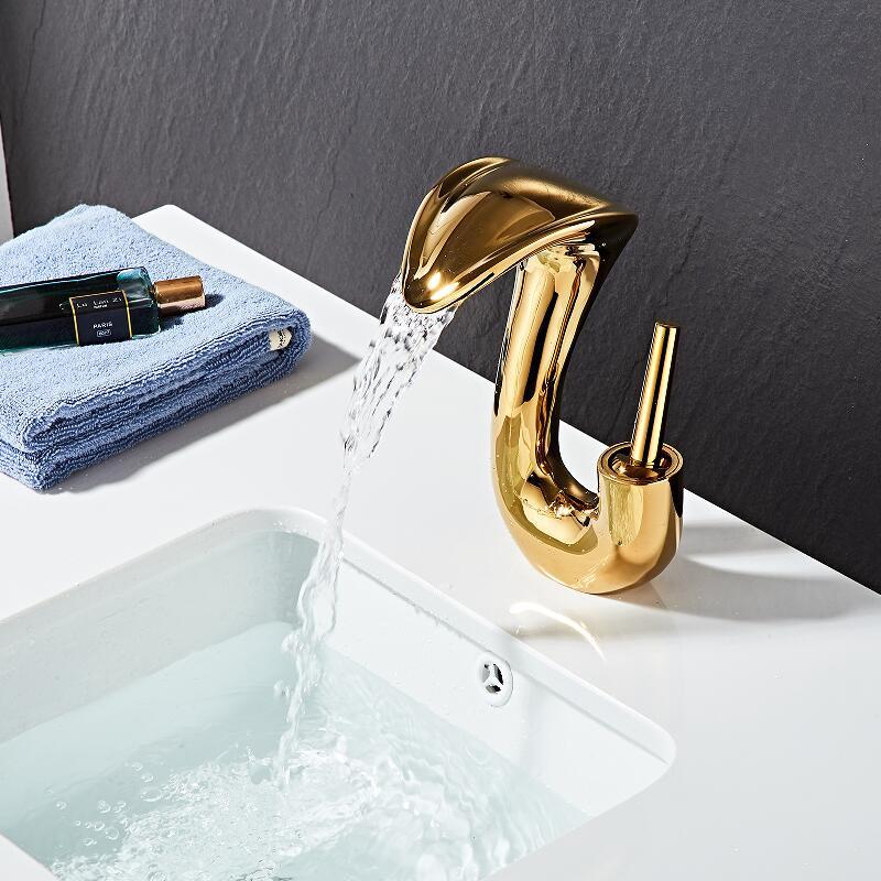Tuqiu Black Bathroom Faucet Brass Gold Basin Faucet Cold And Hot White Waterfall Mixer Sink Tap Single Handle Deck Mounted  Tap