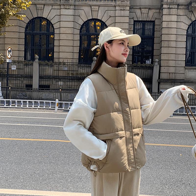 Женское осенне-зимнее однотонное пальто с воротником-стойкой без рукавов и большим карманом на молнии, свободный универсальный теплый хлопковый жилет