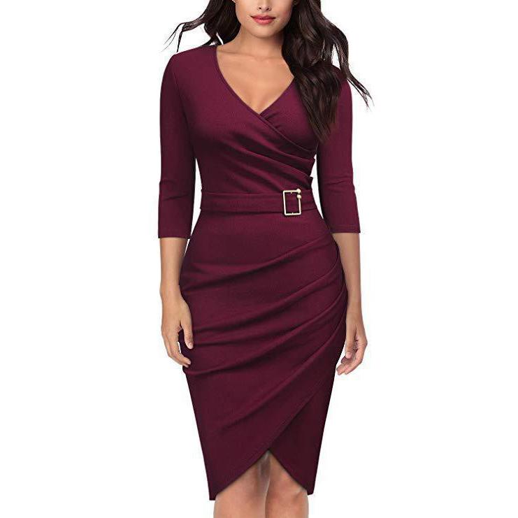 Women V-Neck Dress 3/4 Sleeves Pencil Midi Dress Solid Color Party Club Dress Elegant Office Business Dress