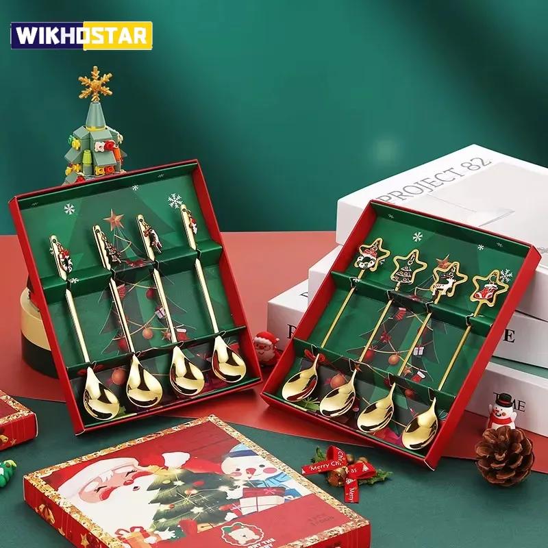 4 шт. Рождественская ложка из нержавеющей стали, рождественский набор кофейных ложек, золотой набор столовых приборов для домашнего ресторана и десерта