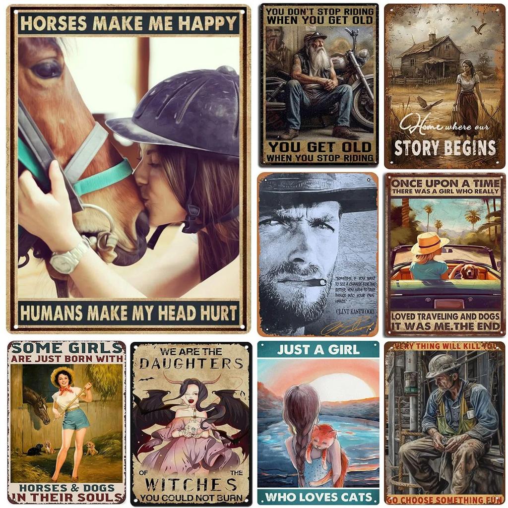 Retro Horse Make Me Happy Metal Tin Signs Vintage Posters for Garage Game Room Bar Man Cave Cafe Office Home Wall Decor Gift
