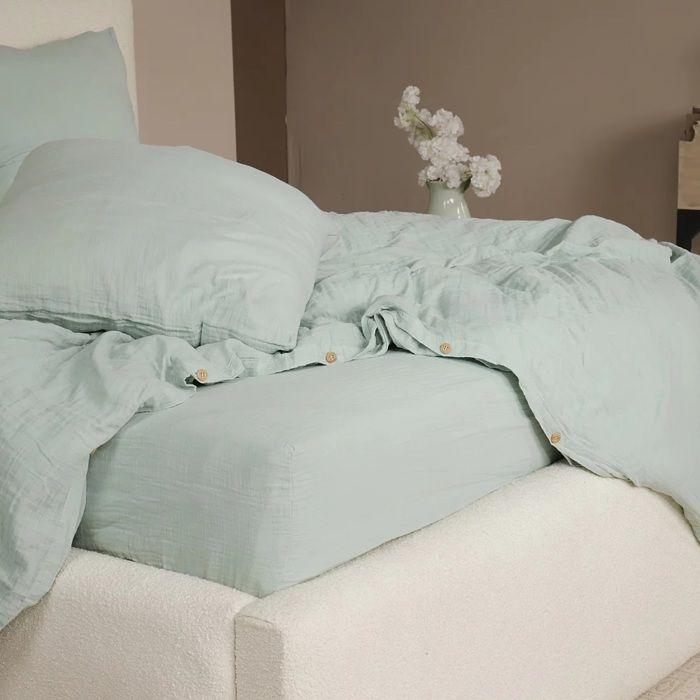 Housse de couette + taies gaze de coton lave 220 x 240 cm Douce vert givree