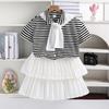 Girls' Sweet Set 2025 Summer Children's Fashion Shawl Striped Short Sleeve Top Cake Skirt Three-piece Set