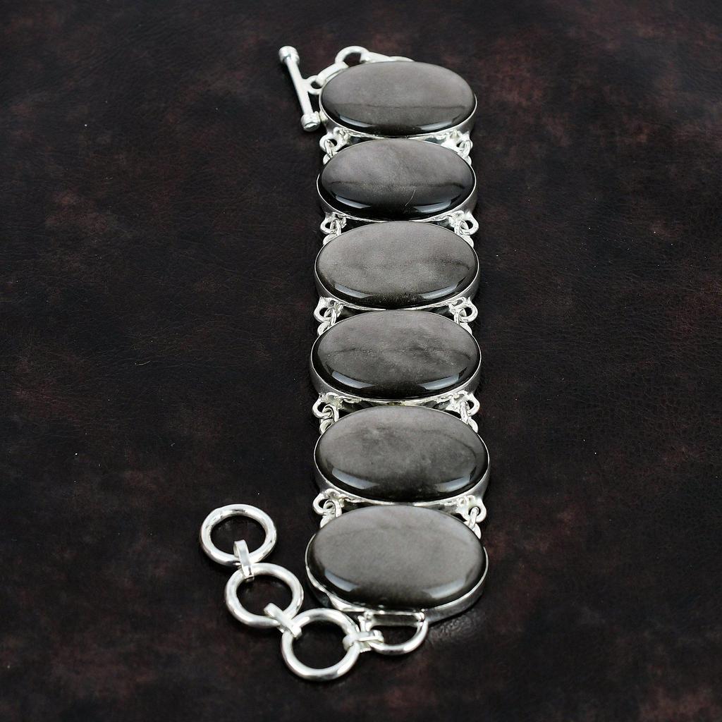 Серебряный браслет из обсидиана Браслет из стерлингового серебра 925 пробы Регулируемый браслет-цепочка Браслет из драгоценных камней ручной работы Дизайнерские украшения для подарков