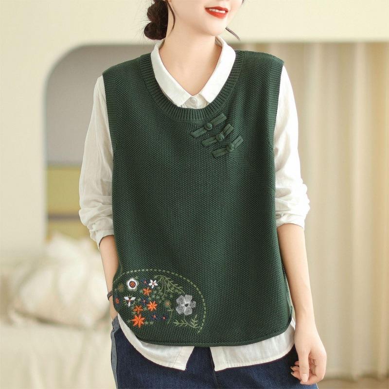 Женский вязаный жилет с культурной застежкой-пуговицей и вышивкой, новинка весны и осени, свитер-жилет с круглым вырезом