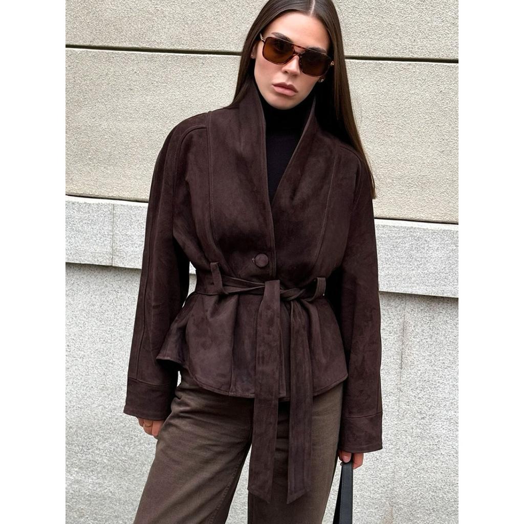 2025 Осень Зима Новая Винтажная Замшевая Куртка с Длинным Рукавом Женская Модная Повседневная Верхняя Одежда