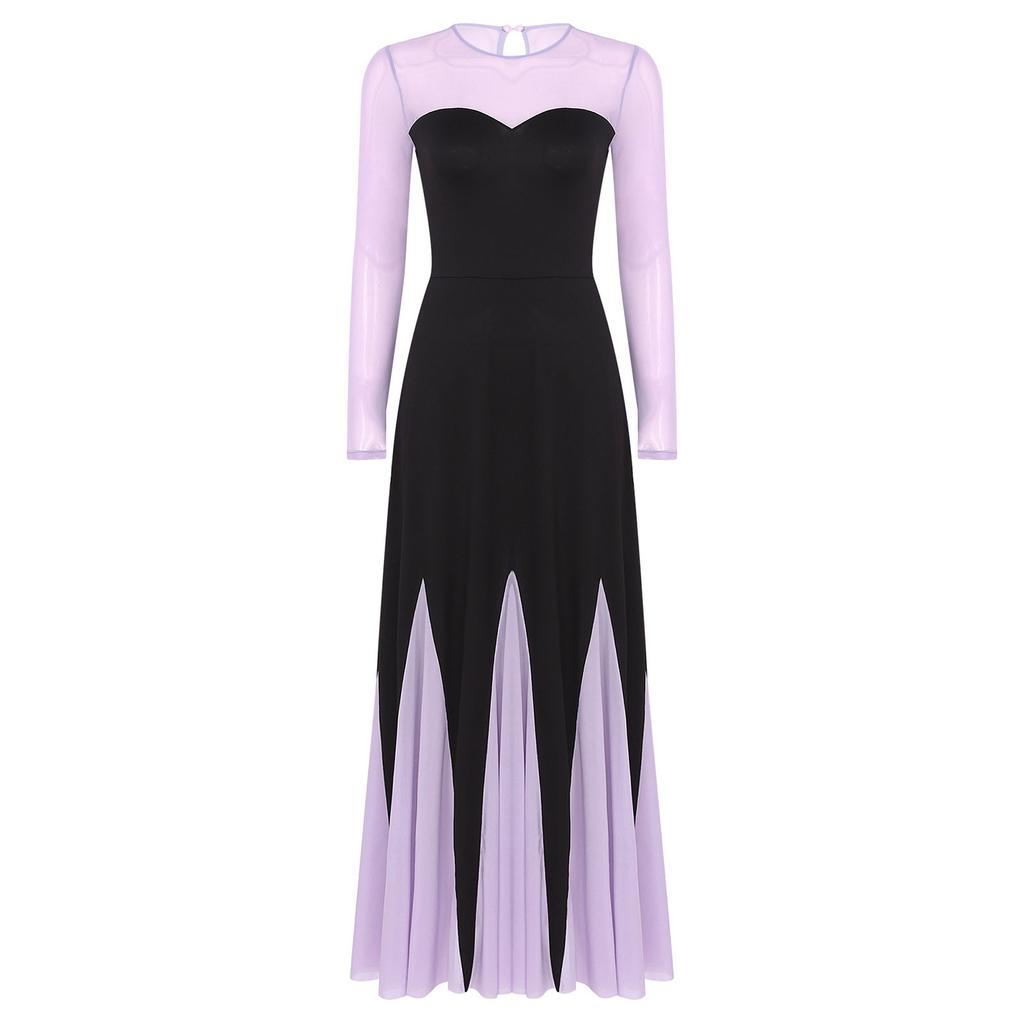 Womens Sweetheart Neckline Long Sleeve Patchwork Mermaid Hem Maxi Dress