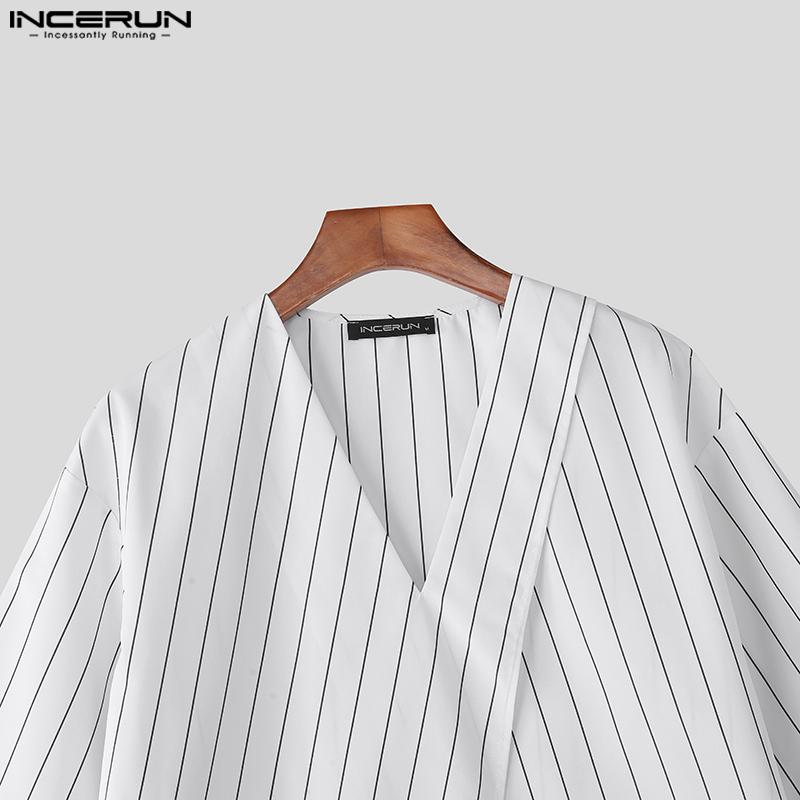 INCERUN Мужские повседневные футболки с V-образным вырезом, коротким рукавом, полосатым перекрестом спереди, асимметричным низом