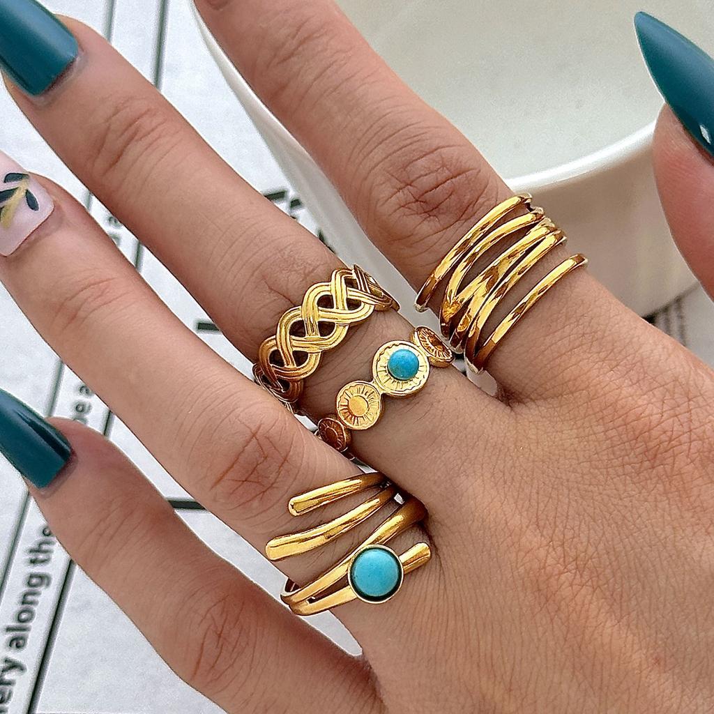 Кольцо из нержавеющей стали, Вакуумное покрытие 18K золотом, Бирюзовый крест, Разомкнутый, Одиночный браслет