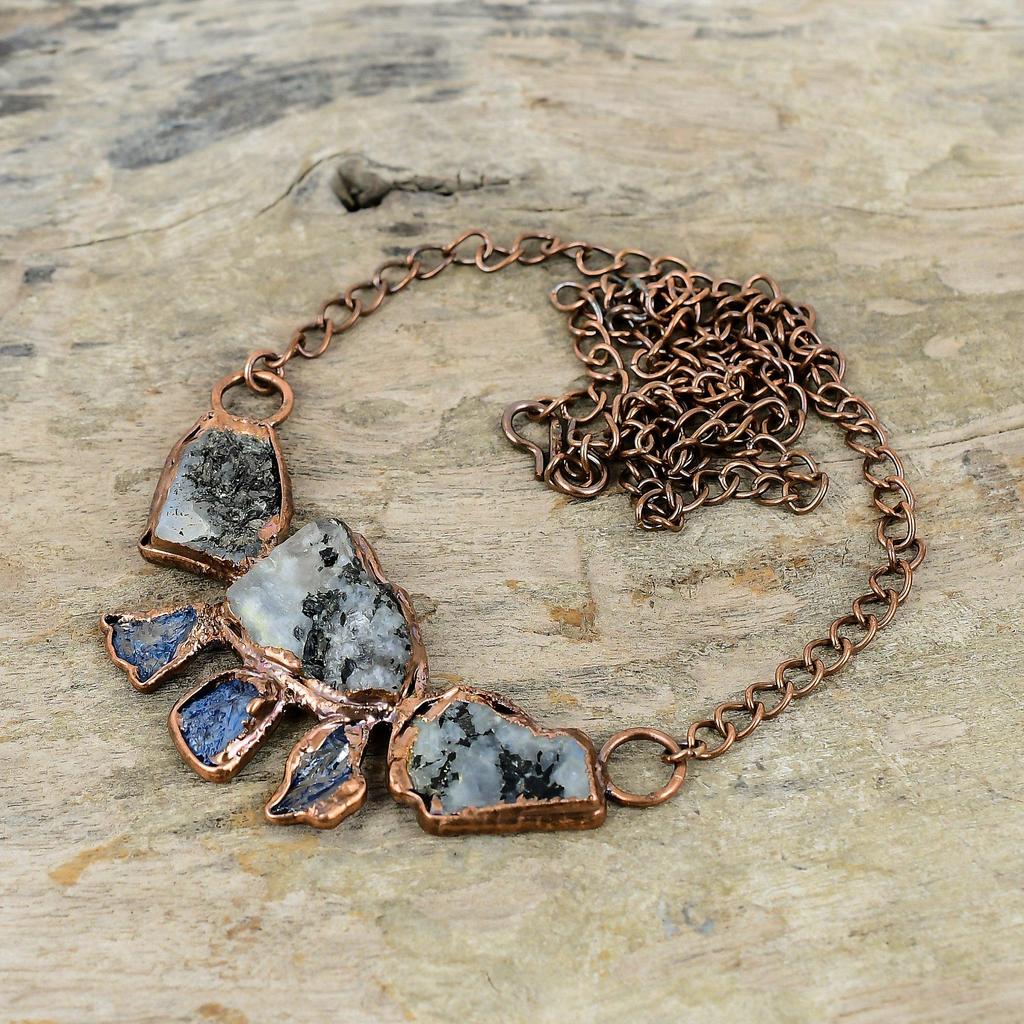 Радужное ожерелье из лунного камня, грубое ожерелье, медное ожерелье, изготовленное гальваническим методом, регулируемое ожерелье-цепочка, ювелирные изделия, изготовленные гальваническим методом, ожерелья с драгоценными камнями ручной работы