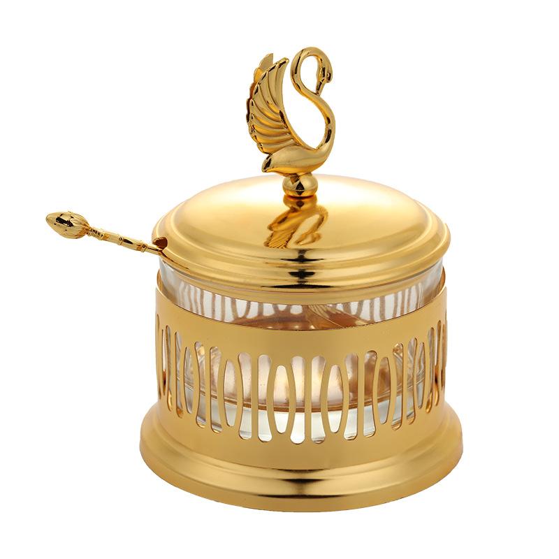 Creative Gold-plated Metal Glass Seasoning Jar Spice Pepper Box Restaurant Sugar Jar Swan Grain Salt Pot Kitchen Storage Utensil