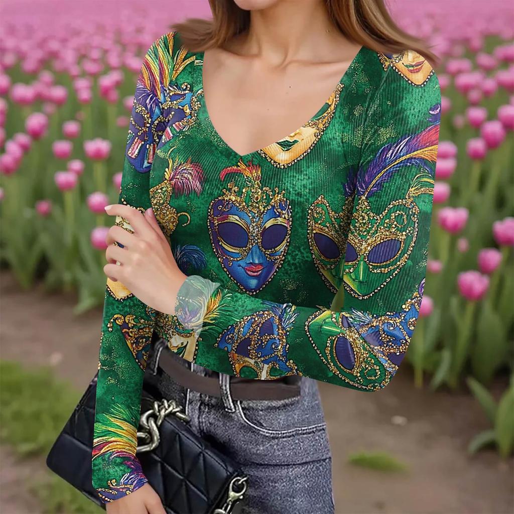 Женская зимняя приталенная футболка-базовый слой, модный принт, V-образный вырез, пуловер, топ с длинным рукавом