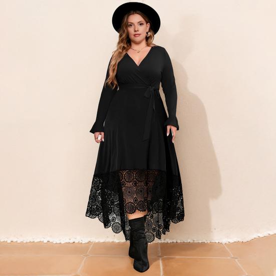 Платье большого размера из черного кружева с V-образным вырезом, длинным рукавом, вышивкой, кружевом, высоким низким подолом, длинное платье, женское платье для коктейльной вечеринки