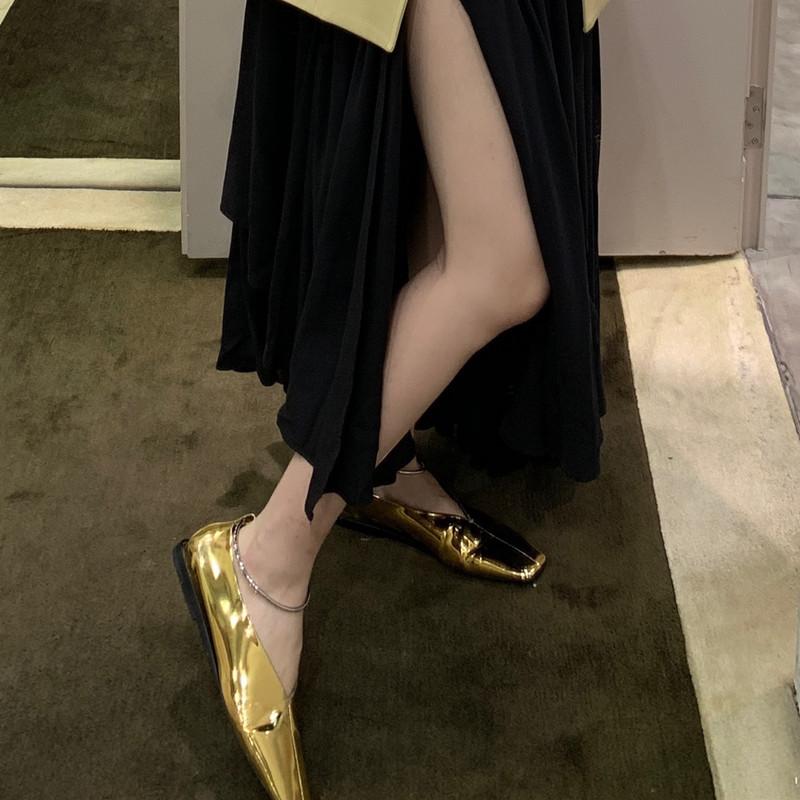 Single-Shoe Women'S Spring 2025 Golden Circular Square Toe Ballet Shoes Shallow Mouth Grandma Shoes Low Heels And Comfortable