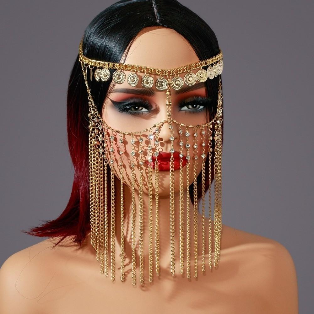 Rhinestone Curtain Head Chain Coin Bell Masquerade Mask Fashion Belly Dance Face Veil  Middle East