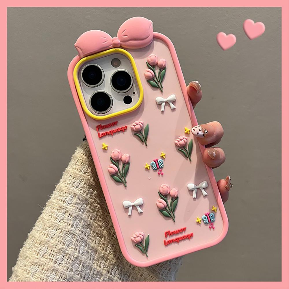 Cute 3D Tulips Lovely Flowers Phone Case for IPhone 16 14 15 Pro Max 13 16 Pro 15 Pro 14pro 13pro Silicone Soft Shockproof Cover