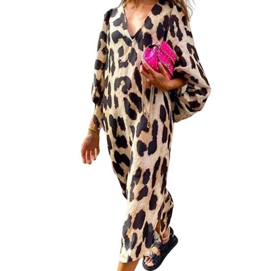 Women Dress V-Neck 3/4 Sleeves Comfortable Leopard Print Loose Elegant Party Dress Streetwear
