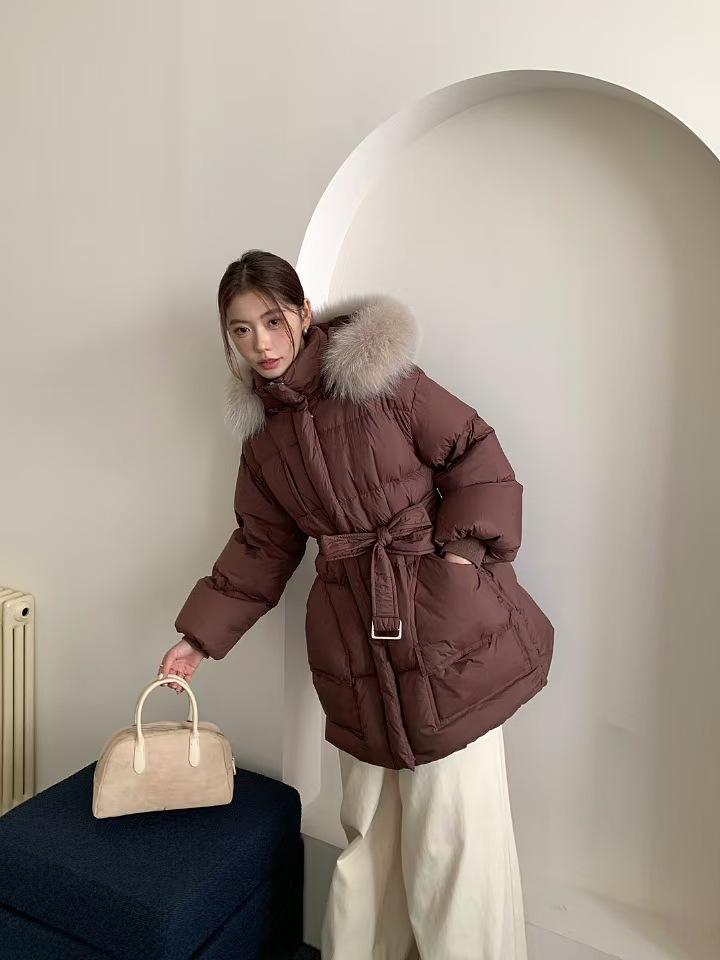 2024 новый большой меховой воротник с капюшоном белый утиный пуховик женский талия и тонкий средний и длинный утолщенный пальто