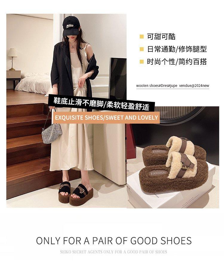 Женские шерстяные тапочки с пряжкой на толстой подошве, осень-зима 2024 года, новая модная корейская версия повседневных плюшевых хлопковых тапочек