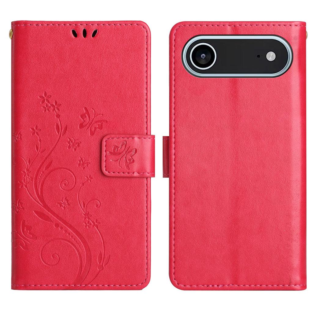 For iPhone Air Leather Wallet Case Butterfly Flower Imprinted Phone Cover with Strap