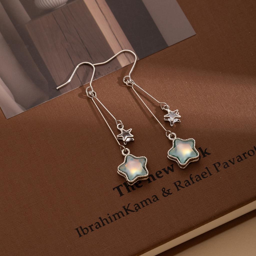 Super Fairy Diamond Gradual Change Blue Five-Pointed Star Fringed Earrings Women'S Fashion Temperament Sweet Exquisite Earrings