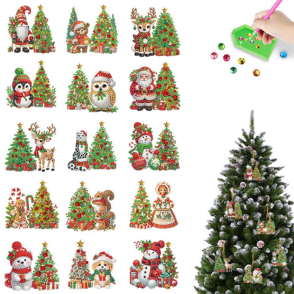 15pcs Xmas Theme 2D Flat DIY Hanging Diamond Art Kits Double Sided Drill Diamond Art Pendant Window Hanging Art for Home Decor