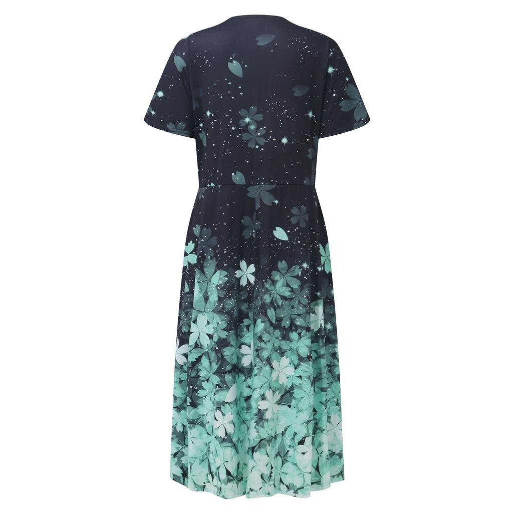 Women's Summer Casual Fashion Floral Print Short Sleeve V-Neck Swing Dress