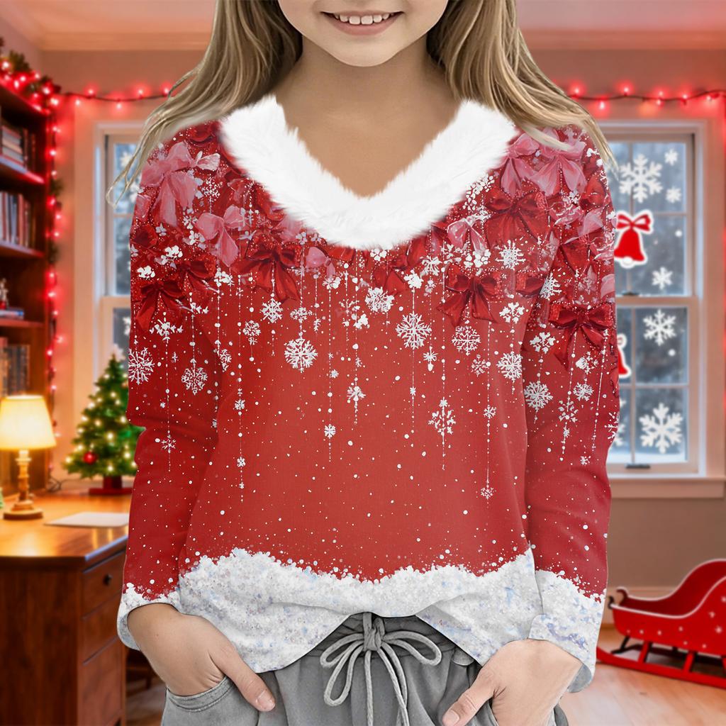 Christmas Day Girls Long Sleeve T Shirts Kids Girls' V-Neck Tee Christmas Print Long Sleeve Top