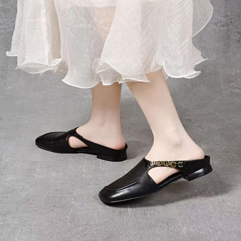 Versatile Square Head Half Slippers Women Wear New Summer Bag Head Lazy Flat Bottom One Pedal Boken Cool Slippers
