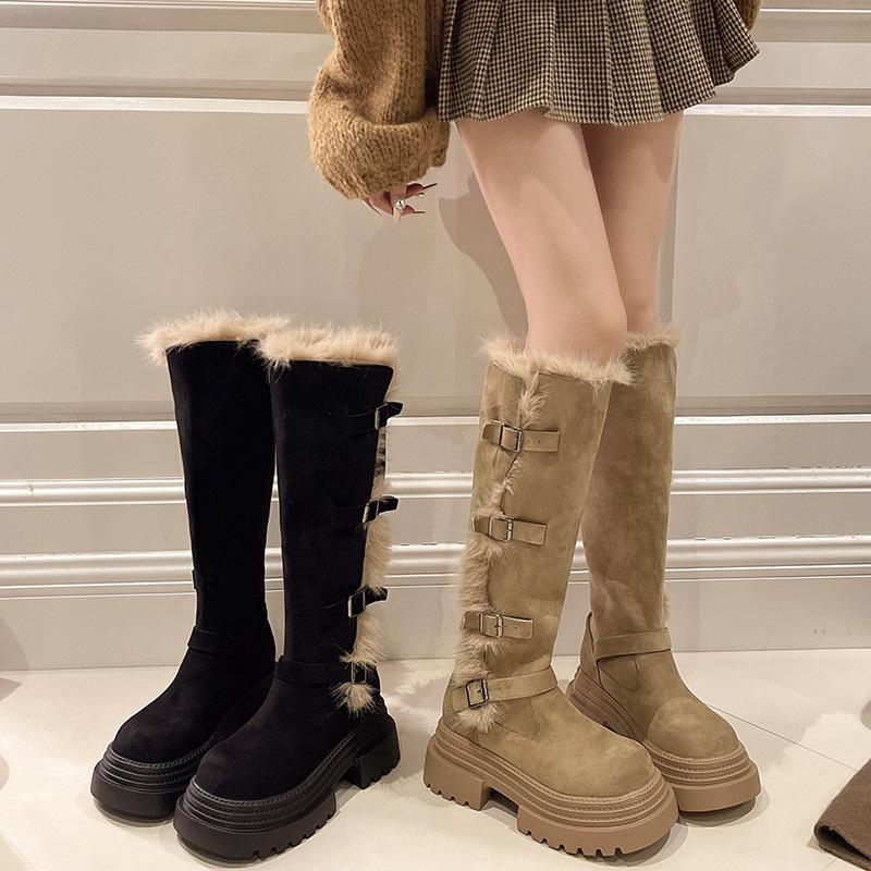Thick-soled two-wearing fluffy snow boots for women's 2026 winter thin boots, tall and velvet but knee boots