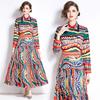 Spring Autumn Women European Designer Print Runway Outfits Full Sleeve Lapel Shirt Tops and Long Maxi Skirt Two Piece Set