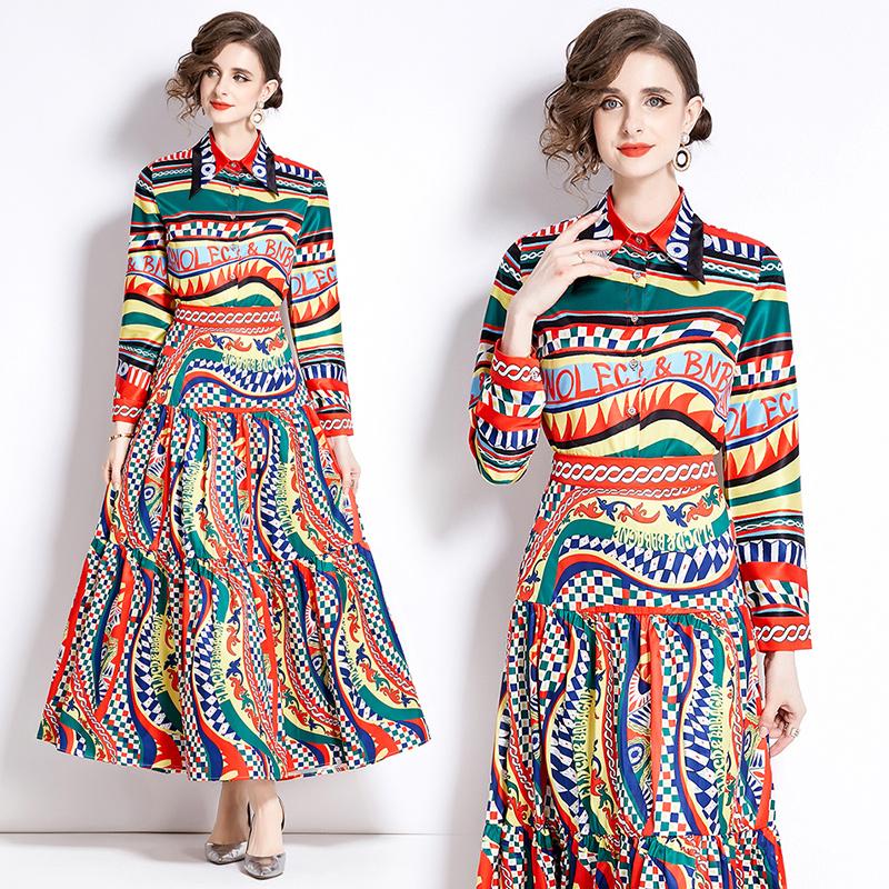 Spring Autumn Women European Designer Print Runway Outfits Full Sleeve Lapel Shirt Tops and Long Maxi Skirt Two Piece Set