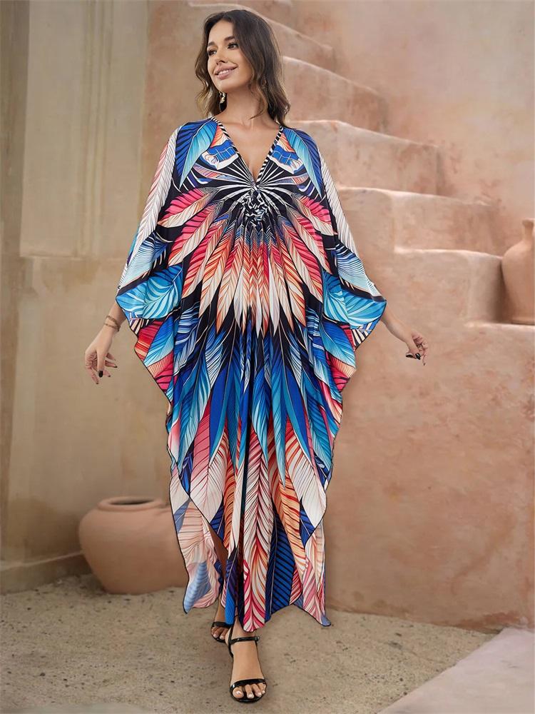 EDOLYNSA Лето 2024 года, пляжное платье макси в стиле бохо с принтом, свободный V-образный вырез, рукав «летучая мышь», кафтан с боковым разрезом, женская пляжная одежда, купальник, накидки Q1588