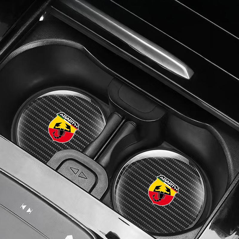 HFYJW1 2pcs Carbon fiber Car Coasters Non-Slip Pad Water Cup Drink Mat For Fiat Abarth 500 500L 500X 500C Safety Belt